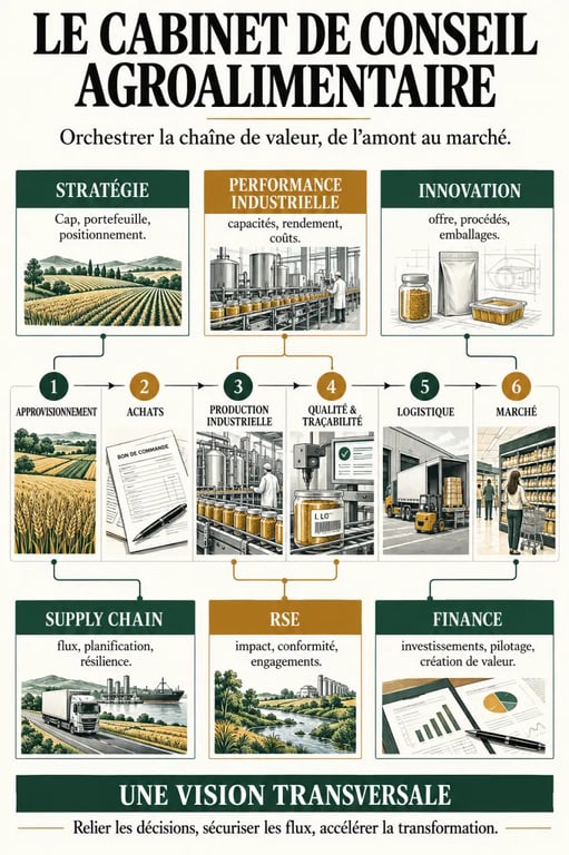 Infographie d’un cabinet conseil agroalimentaire reliant les expertises aux étapes de la chaîne de valeur