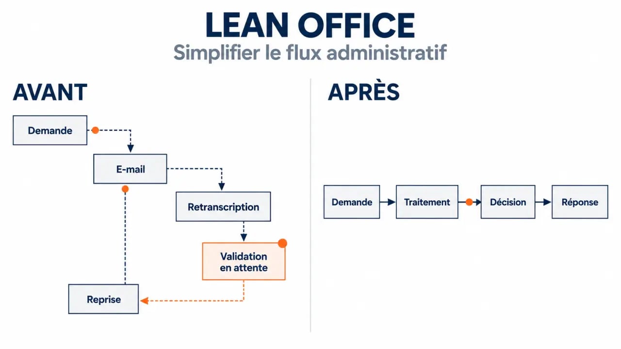 Cabinet conseil Lean Office : visualisation d'un flux administratif avant et après simplification