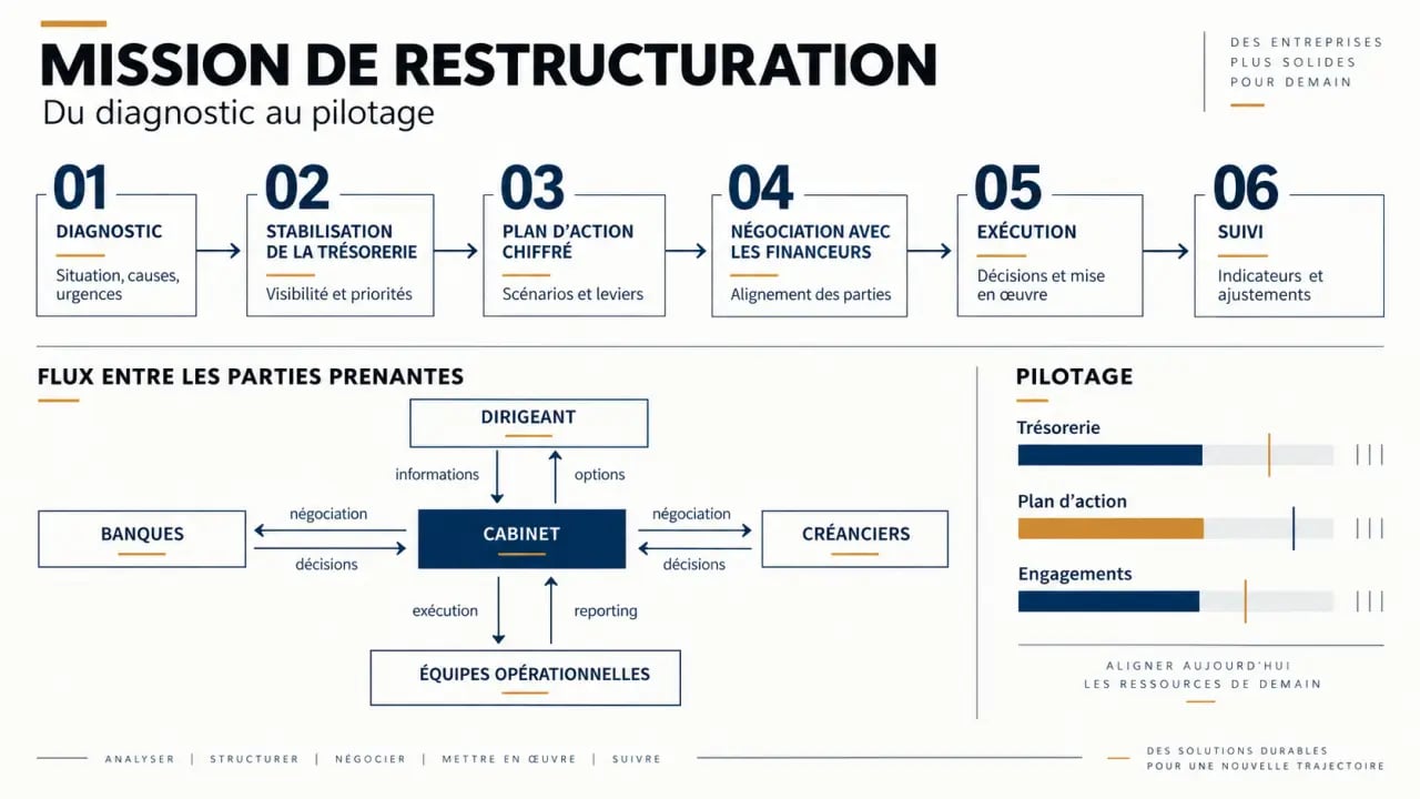 Infographie des étapes d’intervention d’un cabinet de conseil en restructuration